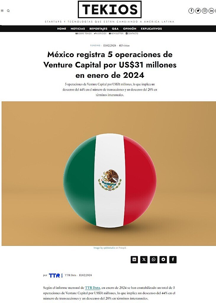 Mxico registra 5 operaciones de Venture Capital por US$31 millones en enero de 2024
